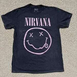 Nirvana Band Licensed T-Shirt Smiley Logo Black + Pink MEDIUM NWOT *callout*
